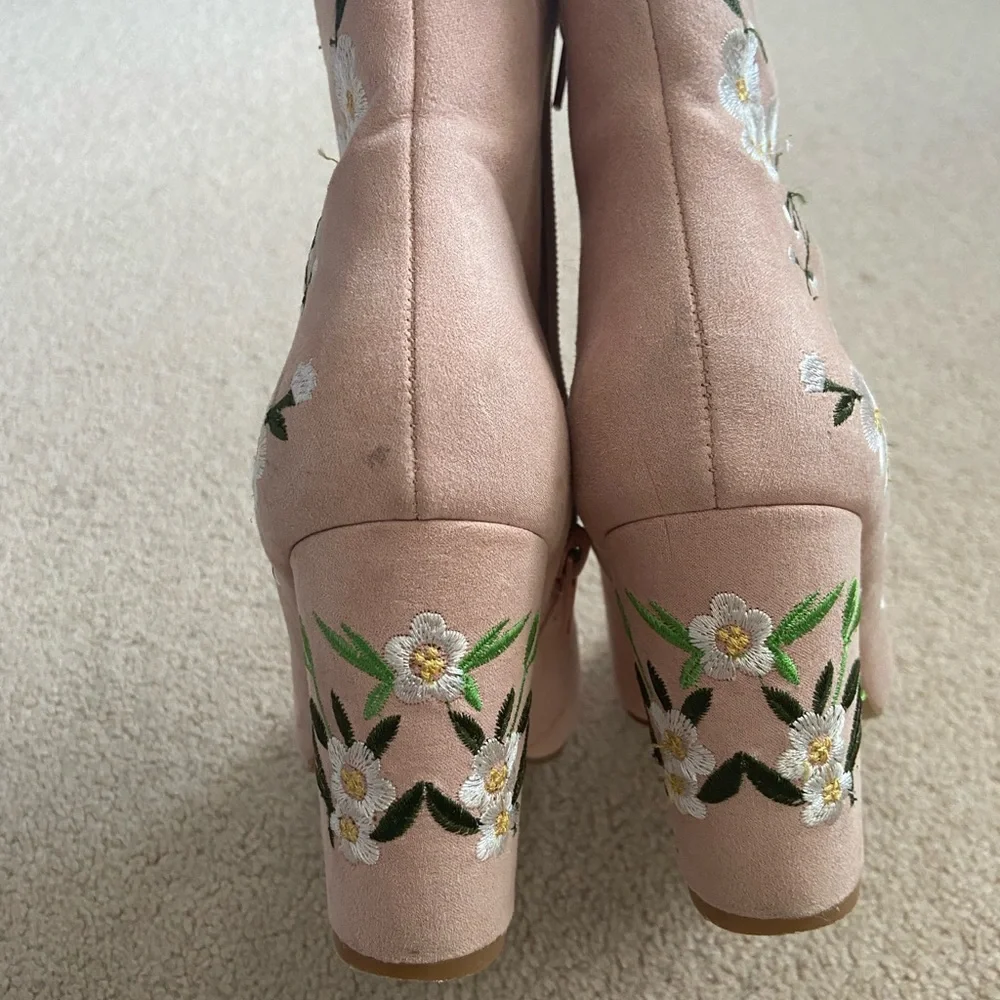 Forever 21 Blush Pink Embroidered Floral Ankle Boots